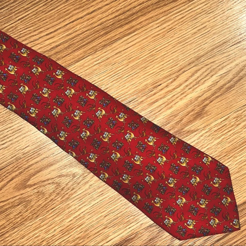 Salvatore Ferragamo red silk Necktie made in Italy Camels‎ & Monkeys